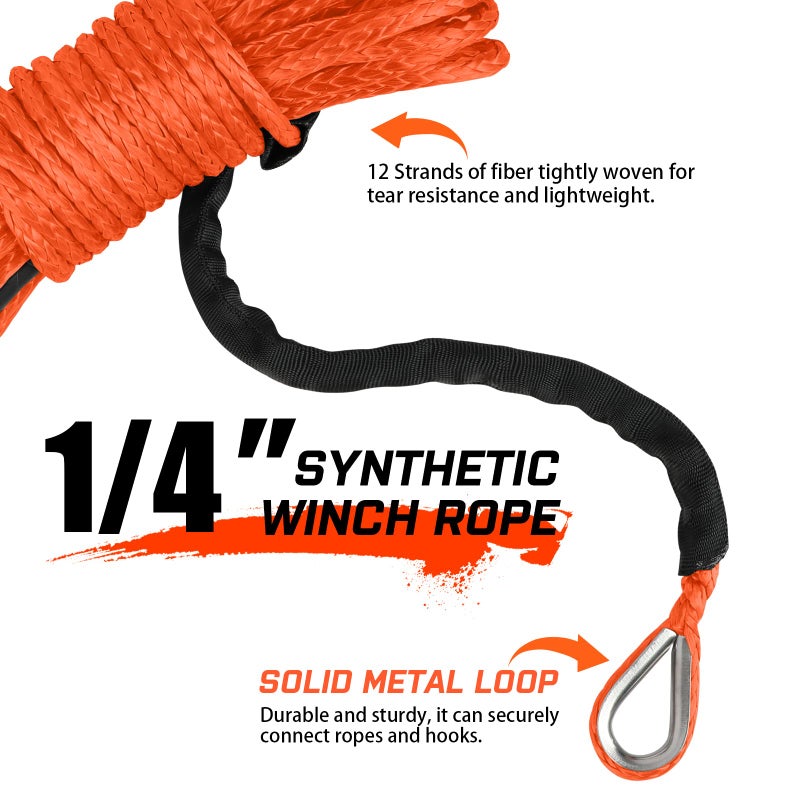 STEGODON 1/4â€™â€™ x 50ft Synthetic Winch Rope 10,000lbs Winch Line Cable with Black Protecting Sleeve for ATV UTV Boat Ramsey Synthetic Winch Rope(Orange) - Image 3